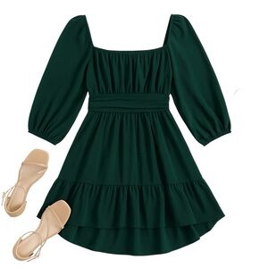 Exlura Green Square Neck Long Sleeve High Low Layered Hem Empire Waist Dress XL